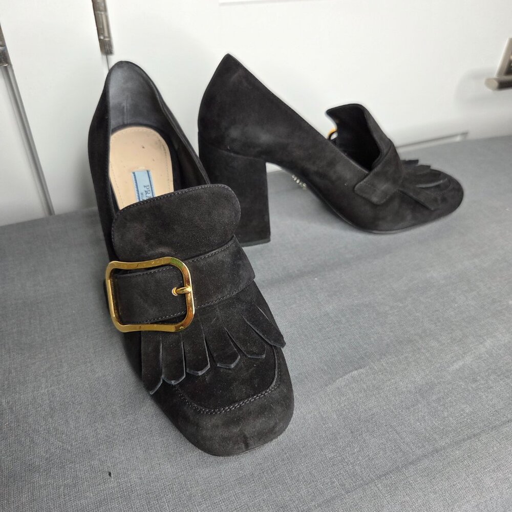 Women's Prada Black Suede Madras Fringe Buckle Slip-On with COA - EU Size 38.5 - Picture 2 of 12